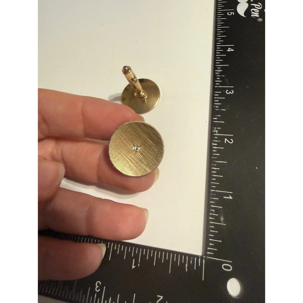 Vintage Gold Tone Florentine Textured Round Rhinestone Cufflinks Mid Century
